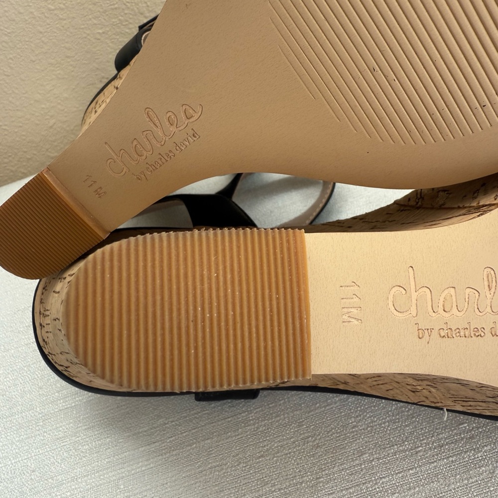 New Charles David Black Leather Cork Wedge Sandals - Picture 5 of 6